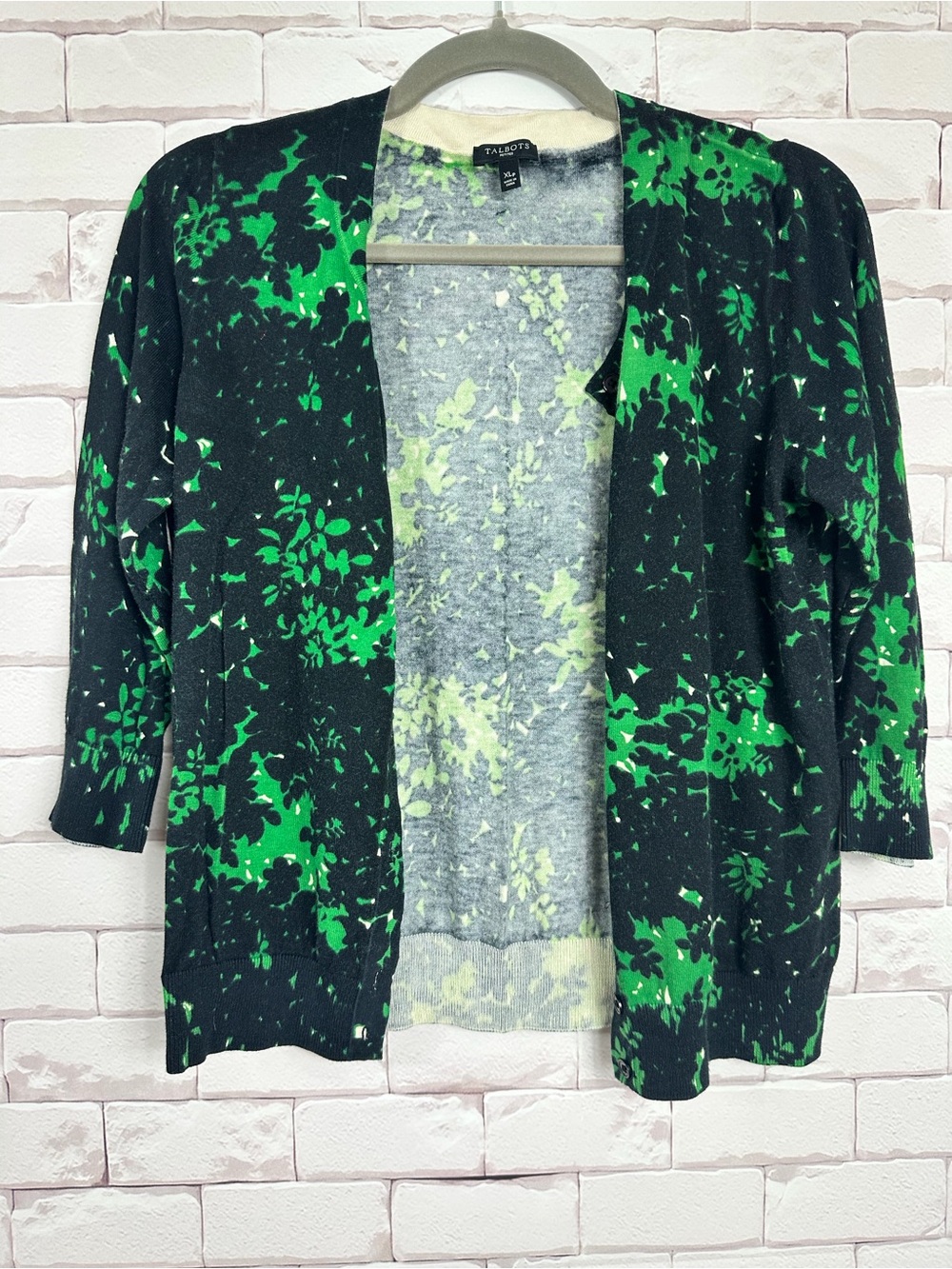 Talbots Black and Green Open-Front Printed Cardigan